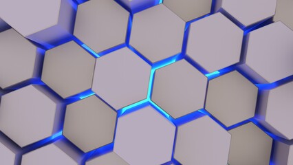 Abstract background with waves made of white futuristic honeycomb mosaic geometry primitive forms that goes up and down under blue back-lighting. 3D illustration. 3D CG. High resolution.