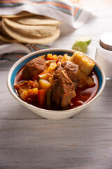 Mole de Olla. It is a balanced one pot meal, typical dish of the central region of Mexico, it is a soup-type stew based on beef and vegetables. It is consumed hot and accompanied with corn tortillas.