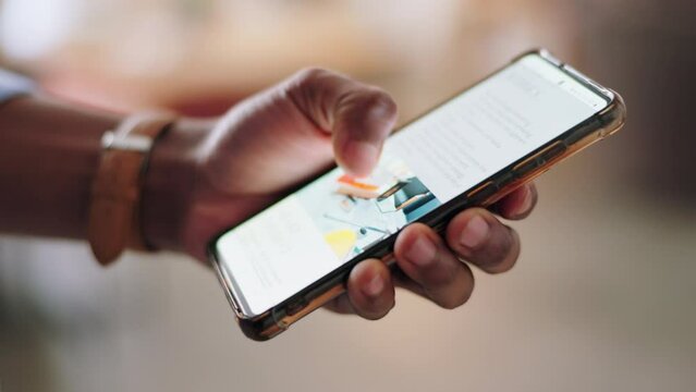 Business man and hands search phone screen for corporate strategy analysis information. Career executive person scrolling smartphone for work research and learning with wifi connection.