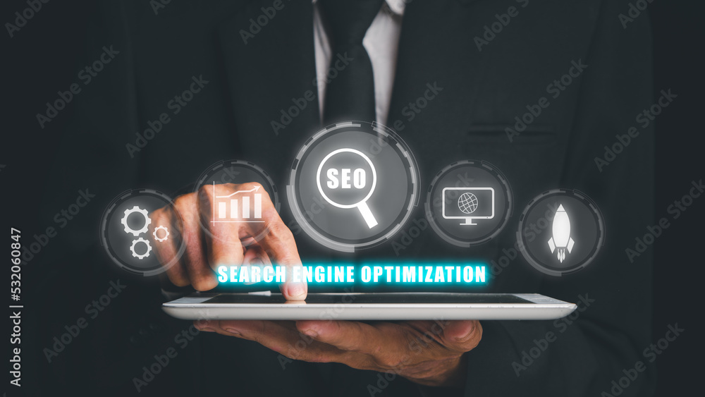Poster seo concept, search engine optimization, man hand using digital tablet with vr screen seo icon, conc