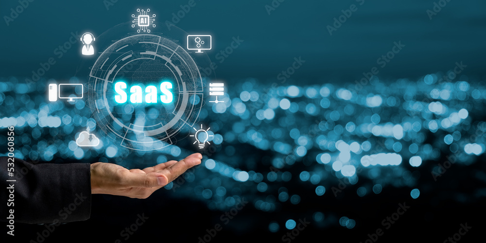 Poster saas - software as a service, businesswoman hand holding to synchronize on saas host server to worki