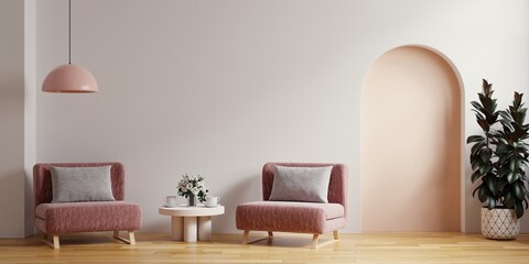 Scandinavian living room with two pink armchair on empty white wall background.