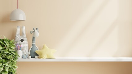 Mockup wall in the children's room on white shelf.