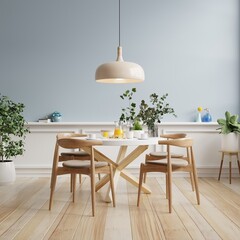 Modern dining room interior design with blue wall.