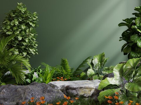 Stone Platform In Tropical Forest For Product Presentation And Green Forest.