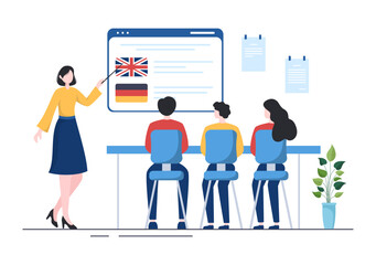 Language School Template Hand Drawn Cartoon Flat Illustration of Online Learning, Courses, Training Program and Study Foreign Languages Abroad
