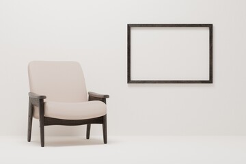 Vintage wooden armchair with black wood frame 3d render mockup.