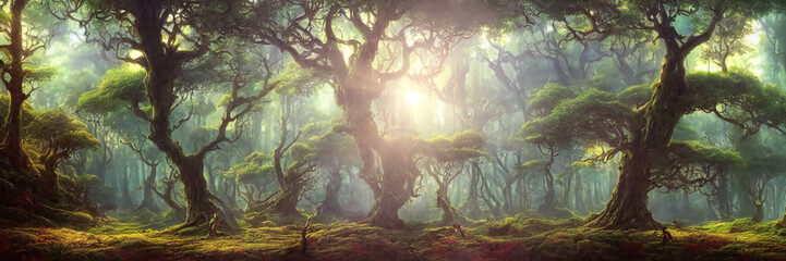 Naklejka premium magical fantasy forest with giant trees, background banner