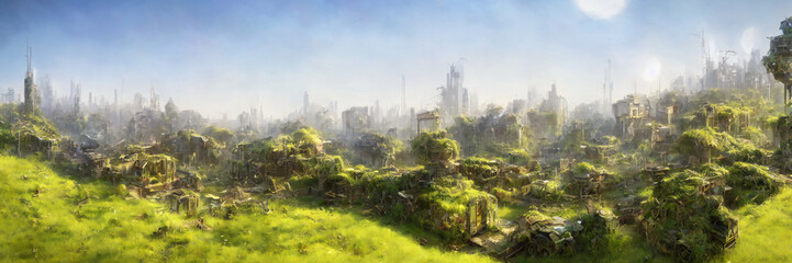 overgrown buildings in a foggy post apocalyptic-city, background banner