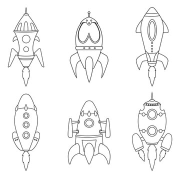 A set of steampunk rockets. Cute cartoon controlled robots mechanisms. Metal, plastic spaceships for casual mobile games. Game design, black and white image.