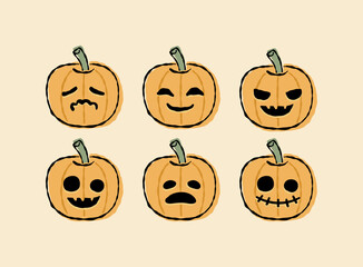 set of vector line art halloween pumpkins