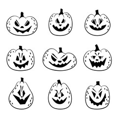 Vector set of doodle scary halloween pumpkins.Collection of spooky cliparts for cards,poster,social media template,invitation.Outline.Sketch.Isolated on white background.