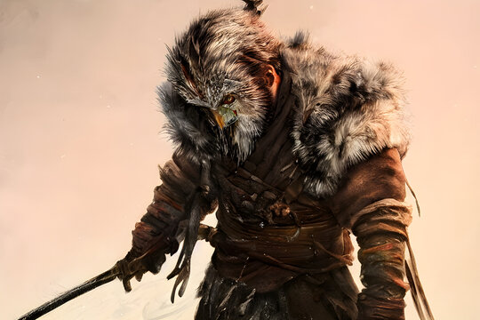 A painting of a rugged owl-like samurai warrior