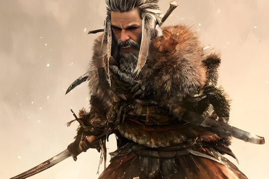 A painting of a rugged owl-like samurai warrior