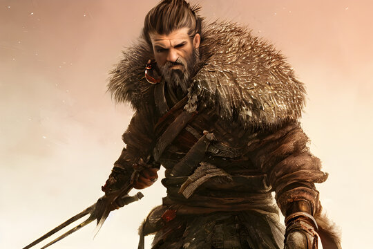 A painting of a rugged owl-like samurai warrior