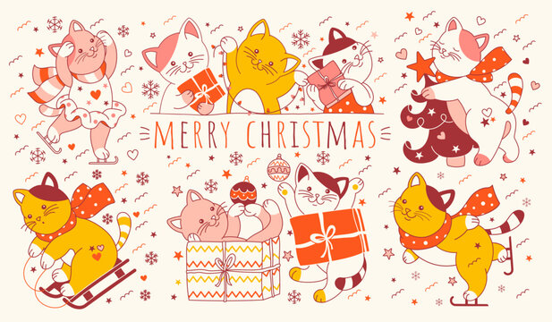 Merry Christmas! Bundle Collection of adorable cats. Xmas print with isolated Characters. Vector illustration of naughty pets. Winter New Year holidays background in quirky, cartoon style.