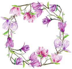 Obraz na płótnie Canvas Watercolor magnolia floral arrangement, magnolia borders, wreath, frame, spring botanical floral illustration, PNG, transparent background, wedding invitations, logos, blogs 