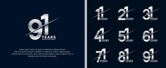 set of anniversary logotype silver color on dark blue background for celebration moment