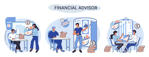 Financial advisor giving advice investment money market analysis management planning for customer. Fiscal consultant professional in finance. Business development successful vested interests metaphor