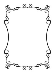 Decorative linear frame. Border with beautiful swirls, curved black strokes, hearts and leaves. Design element for wedding invitations. Cartoon modern flat vector illustration in doodle style