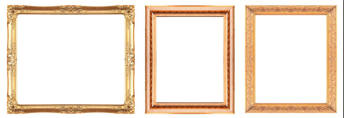 Golden picture frame isolated on white background.