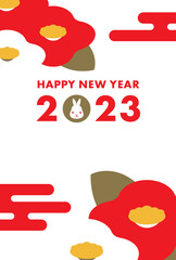 2023年うさぎ年のシンプルな椿フレームの年賀状