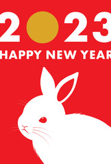 2023年ダイナミックなデザインのシンプルなうさぎの年賀状_赤