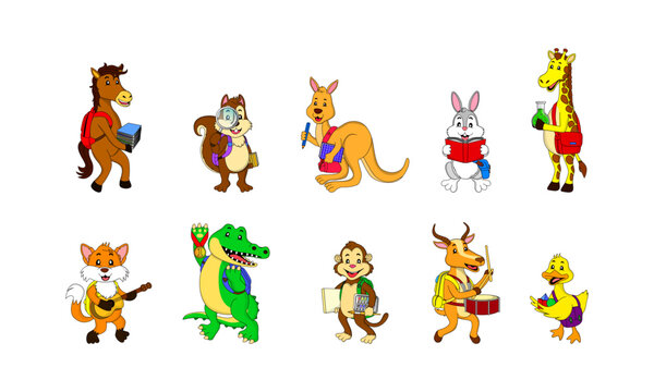 collection of 10 cute animals with the theme of going to school, horse, squirrel, kangaroo, rabbit, giraffe, fox, crocodile, monkey, deer and duck, eps, vector, editable