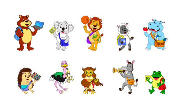 collection of 10 cute animals with the theme of going to school, bear, koala, lion, sheep, hippopotamus, hedgehog, ostrich, owl, donkey and frog, eps, vector, editable