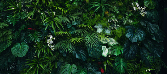 Creative nature green background, tropical leaf banner or floral jungle pattern concept.	