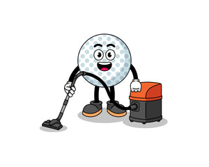 Character mascot of golf ball holding vacuum cleaner