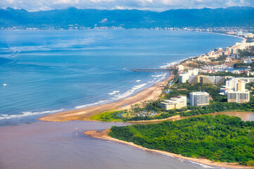 Beaches of Nuevo Nayarit in Mexico seen from the air with copyspace