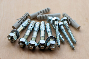 Anchor bolts with washer and nut, dowels