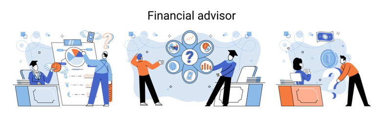 Financial advisor giving advice investment money market analysis management planning for customer. Fiscal consultant professional in finance. Business development successful vested interests metaphor