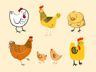 Set of chicken, rooster, hen, poultry farm animal icon character vector illustration.