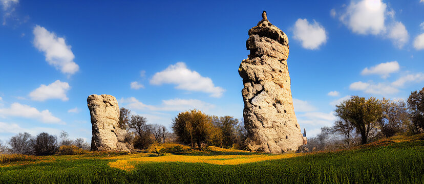 Stone tower surrounded by chasm field blue sky in watercolor painting style. 3D illustration