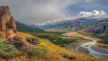 Panoramic view to the valley of the Rio de Las Vueltas, located close to El Chalten, on the trail to Laguna de los Tres and Fitz Roy