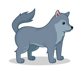 Cute forest animal concept. Sticker with funny gray wolf on hunt. Mammal or woodland dweller. Design element for social media and print. Cartoon flat vector illustration isolated on white background