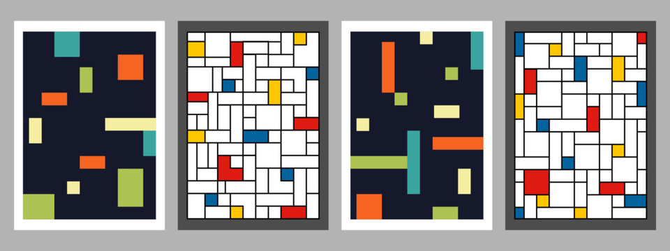 Abstract color-blocking cover set.Piet Mondrian's artwork inspiration. Composition of squares, rectangles and lines. Vector illustration. Idea for  background brochure template booklet flyer wallpaper