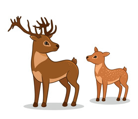 Cute forest animal. Reindeer with branched antlers and doe with spotted hair. Woodland mammals. Design element for social media and print. Cartoon flat vector illustration isolated on white background