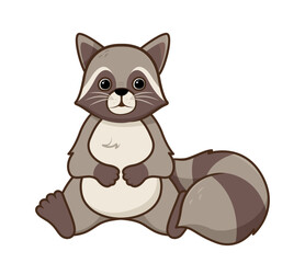 Cute forest animal concept. Sticker with fluffy raccoon with black and white striped fur. Herbivore or mammal. Design element for printing on fabric or baby clothes. Cartoon flat vector illustration