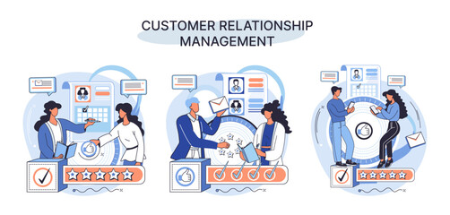 CRM metaphor. Customer Relationship Management. Application software for organizations automatisation of customer interaction strategies to increase sales, optimize marketing, improve customer service