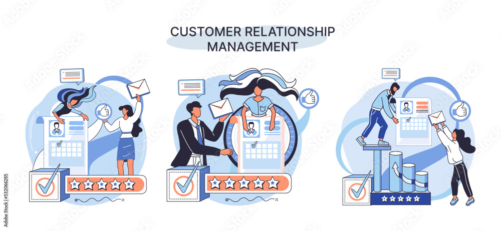 Poster crm metaphor. customer relationship management. application software for organizations automatisatio