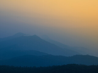 Sunset over the mountains in western ghats 