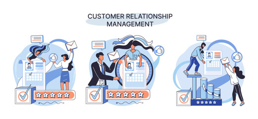 CRM metaphor. Customer Relationship Management. Application software for organizations automatisation of customer interaction strategies to increase sales, optimize marketing, improve customer service