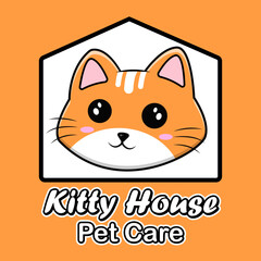 Naklejka premium kitty house cartoon pet shop logo cat character in house cartoon character mascot design illustration