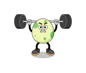 spotted egg mascot cartoon lifting a barbell