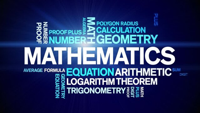 Mathematics animated tag word cloud;text design animation kinetic typography seamless loop.