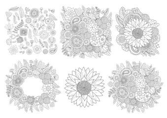 Set of floral doodle patterns, black and white flowers, leaves, herbs and wreath