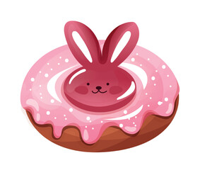 Happy Easter concept. Delicious donut or pastry with pink berry icing and bunny or hare decoration. Design element for greeting card for christian holiday. Cartoon realistic vector illustration